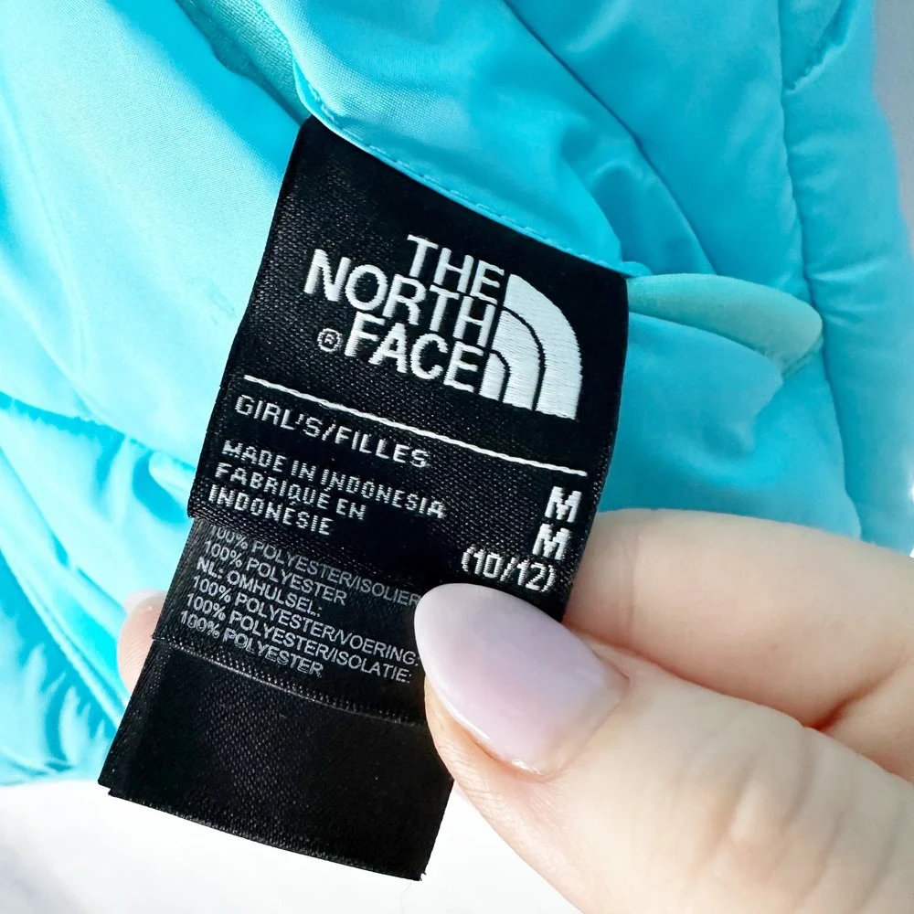 The North Face REVERSIBLE Puffer Jacket Girls Size Medium Blue Turquoise Orange